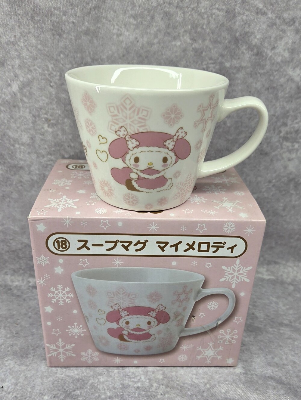 This is a Sanrio My Melody Winter Style Snow Crystal Soup Mug from a 2018 Sanrio